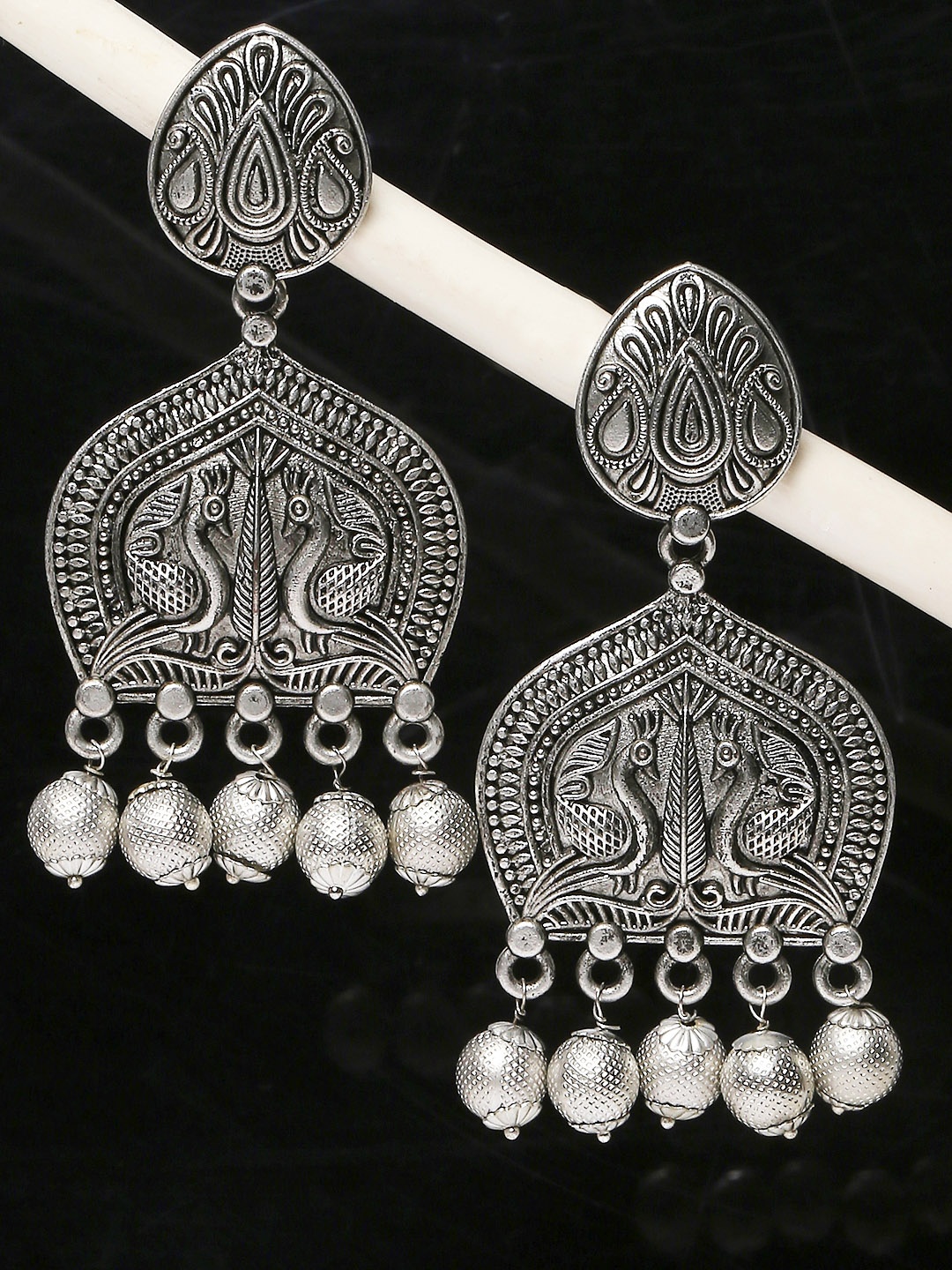 

OOMPH Silver-Toned Peacock Shaped Drop Earrings