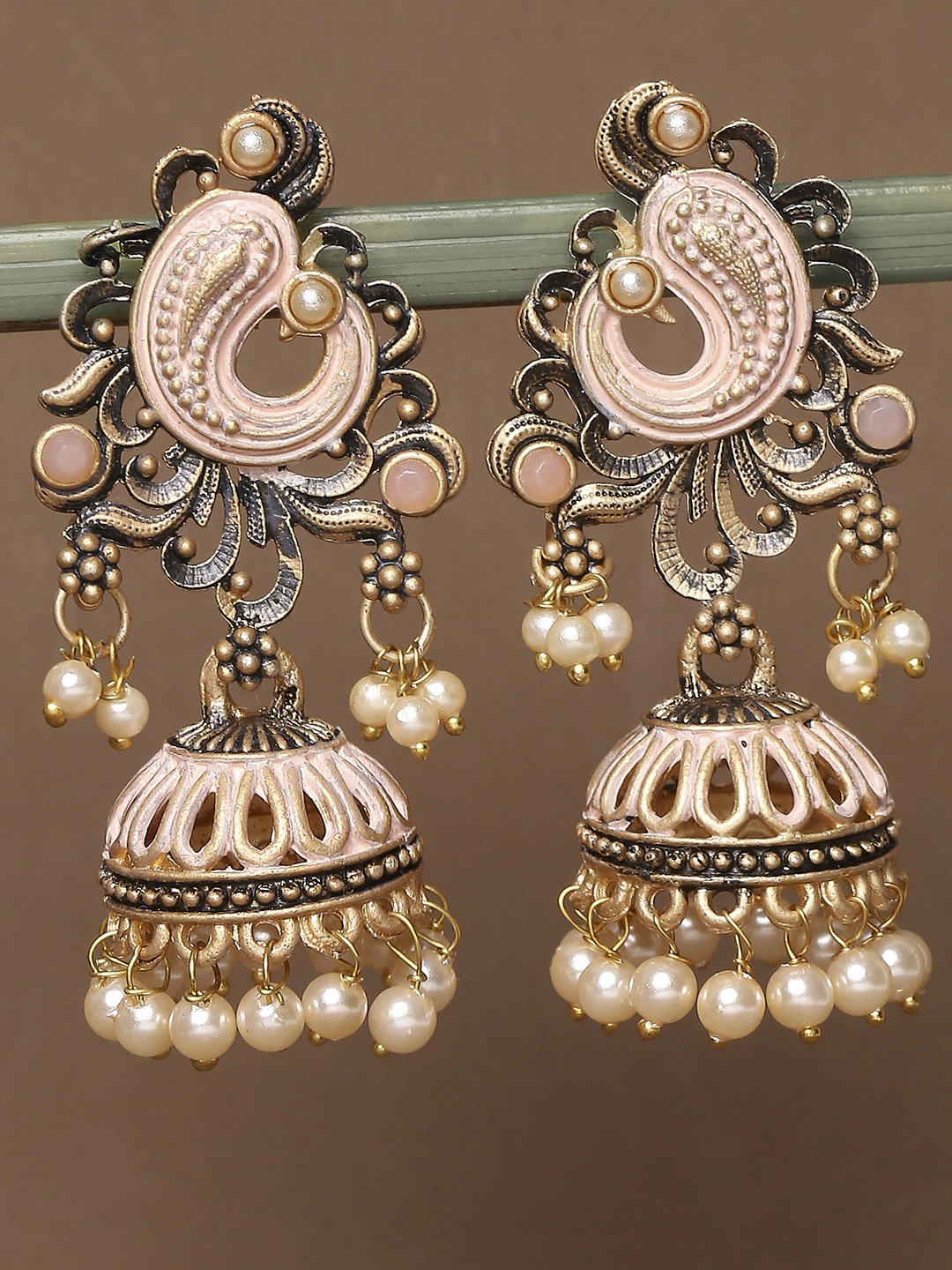 

OOMPH Pink & Gold-Toned Peacock Shaped Jhumkas Earrings