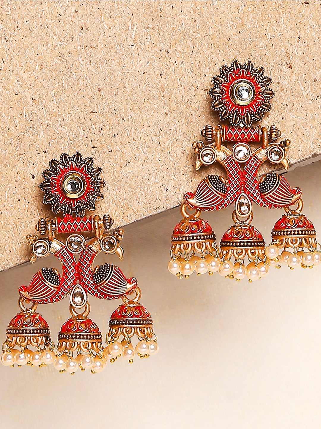 

OOMPH Red Peacock Shaped Jhumkas Earrings
