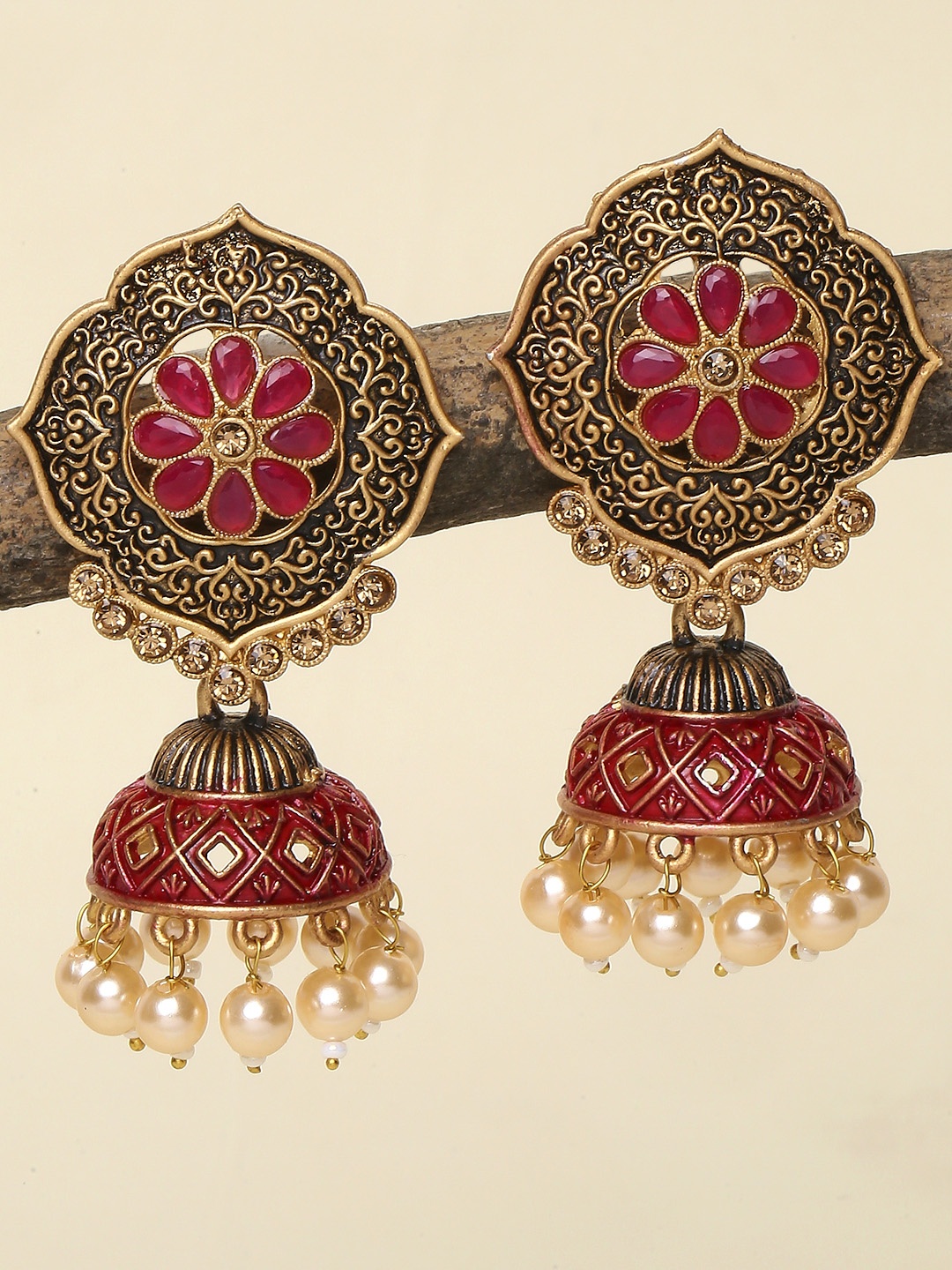 

OOMPH Red Meenakari Kundan & Pearls Floral Ethnic Jhumka Earrings