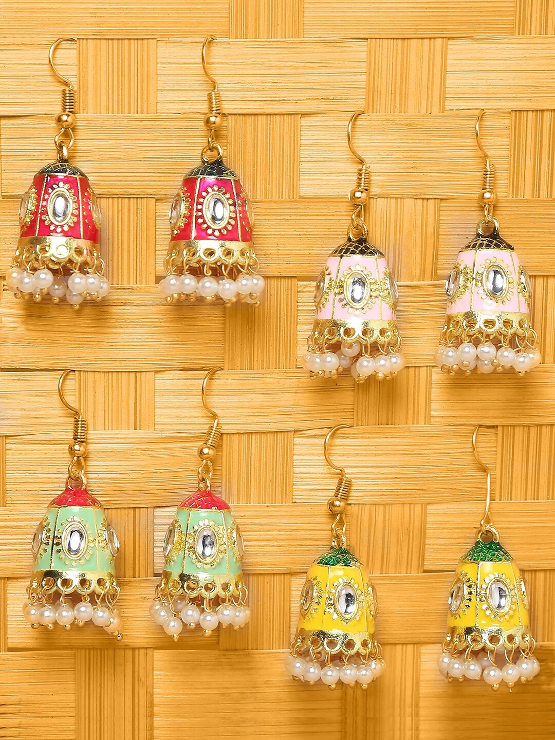

OOMPH Women Gold Plated Red & Pink Dome Shaped Pack Of 4 Jhumkas Earrings