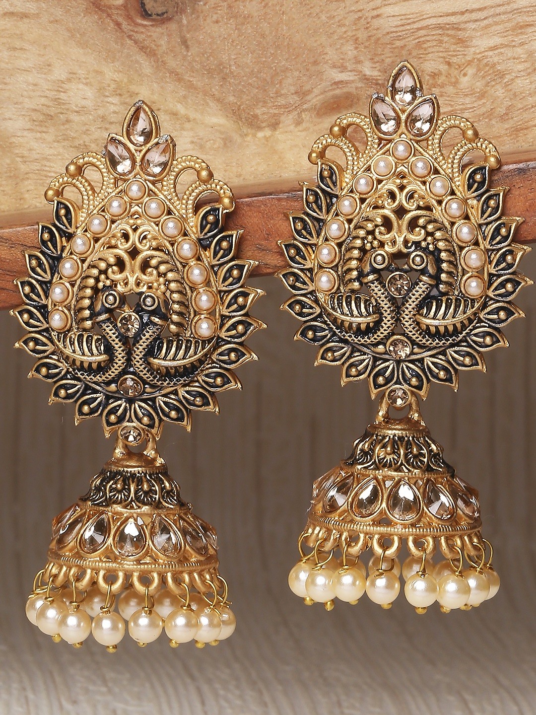 

OOMPH Gold-Toned Kundan Studded Peacock Shaped Jadau Jhumkas Earrings