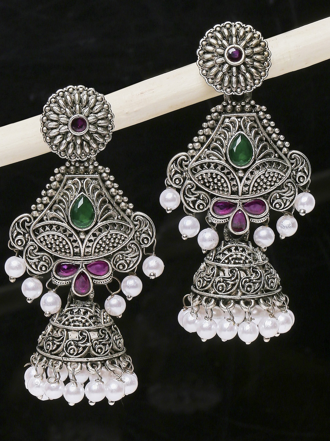 

OOMPH Women Silver-Toned & Green Pearls Floral Jhumkas Earrings