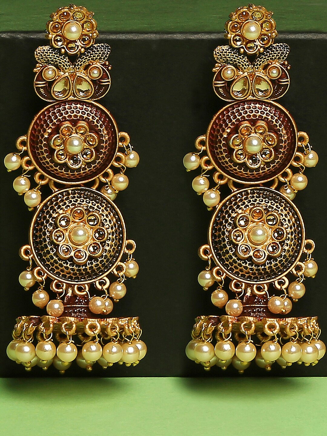 

OOMPH Gold-Toned & White Pearls Floral Long Ethnic Meenakari Drop Earrings