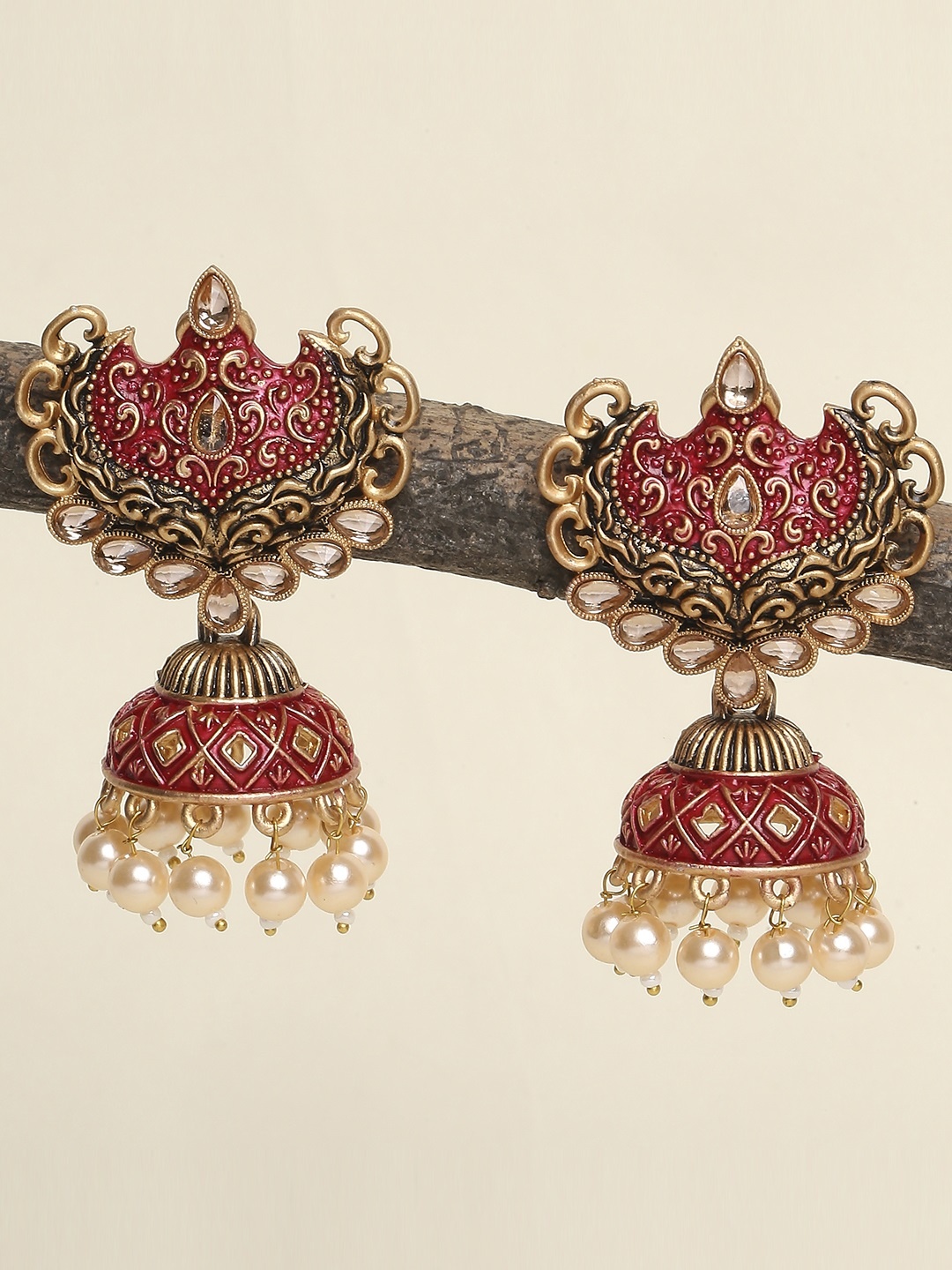 

OOMPH Red Floral Meenakari Kundan & Pearls Jhumkas Earrings