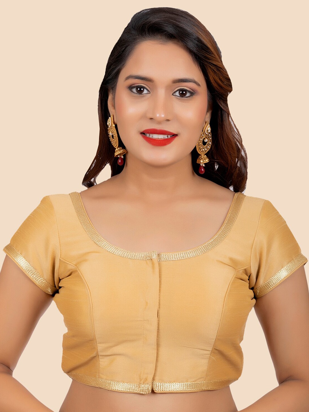 

FEMMIBELLA Golden Solid Dupion Silk Padded Saree Blouse, Gold