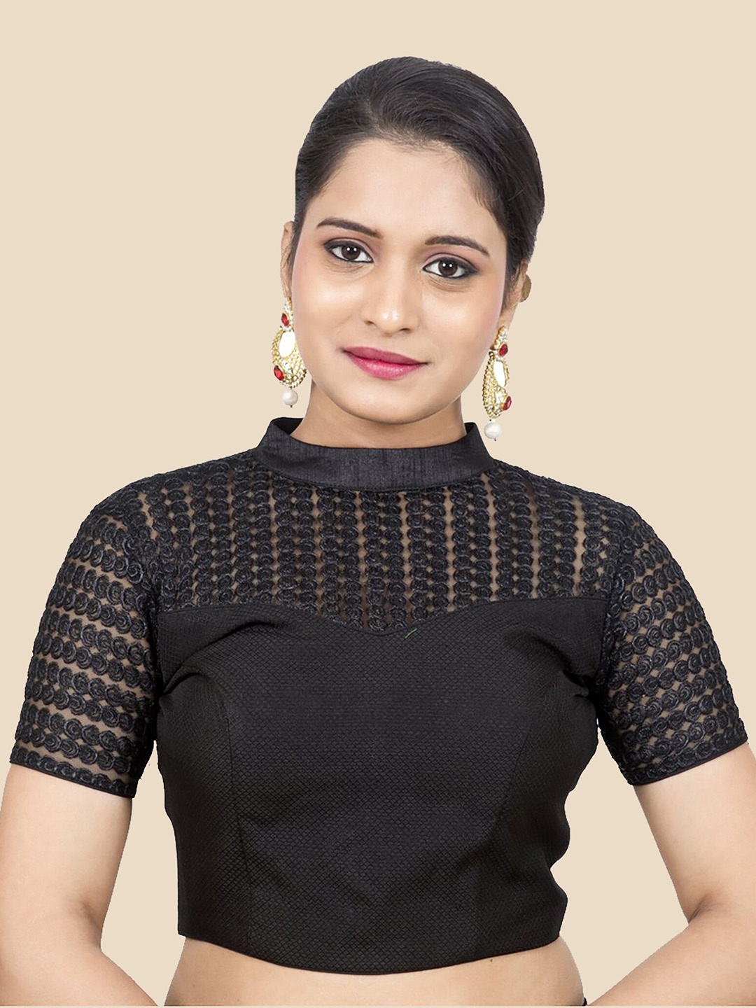 

FEMMIBELLA Women Black Silk Net Back Open Padded Saree Blouse