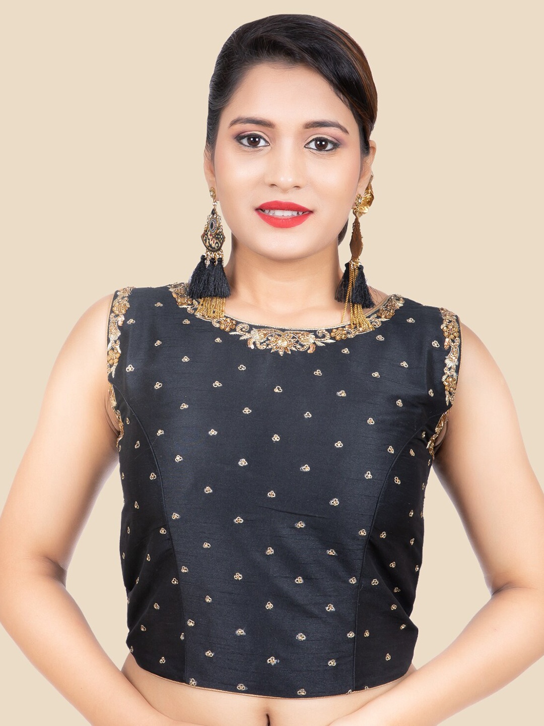 

FEMMIBELLA Women Black Embroidered Silk Saree Blouse