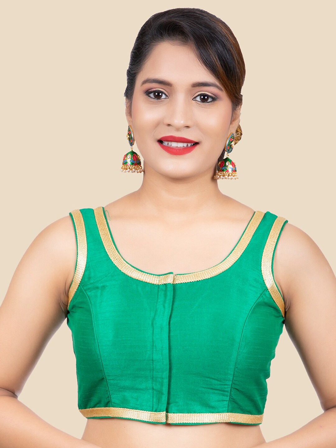 

FEMMIBELLA Green & Gold-Toned Solid Dupion Silk Padded Saree Blouse
