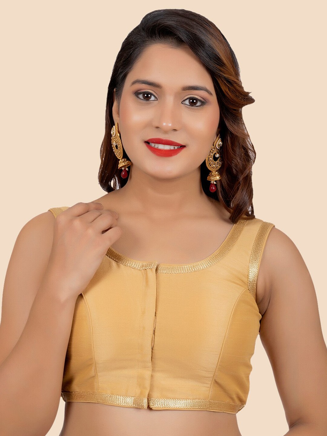 

FEMMIBELLA Women Gold Silk Sleeveless Golden Lace Princess Cut Padded Readymade Saree Blouse
