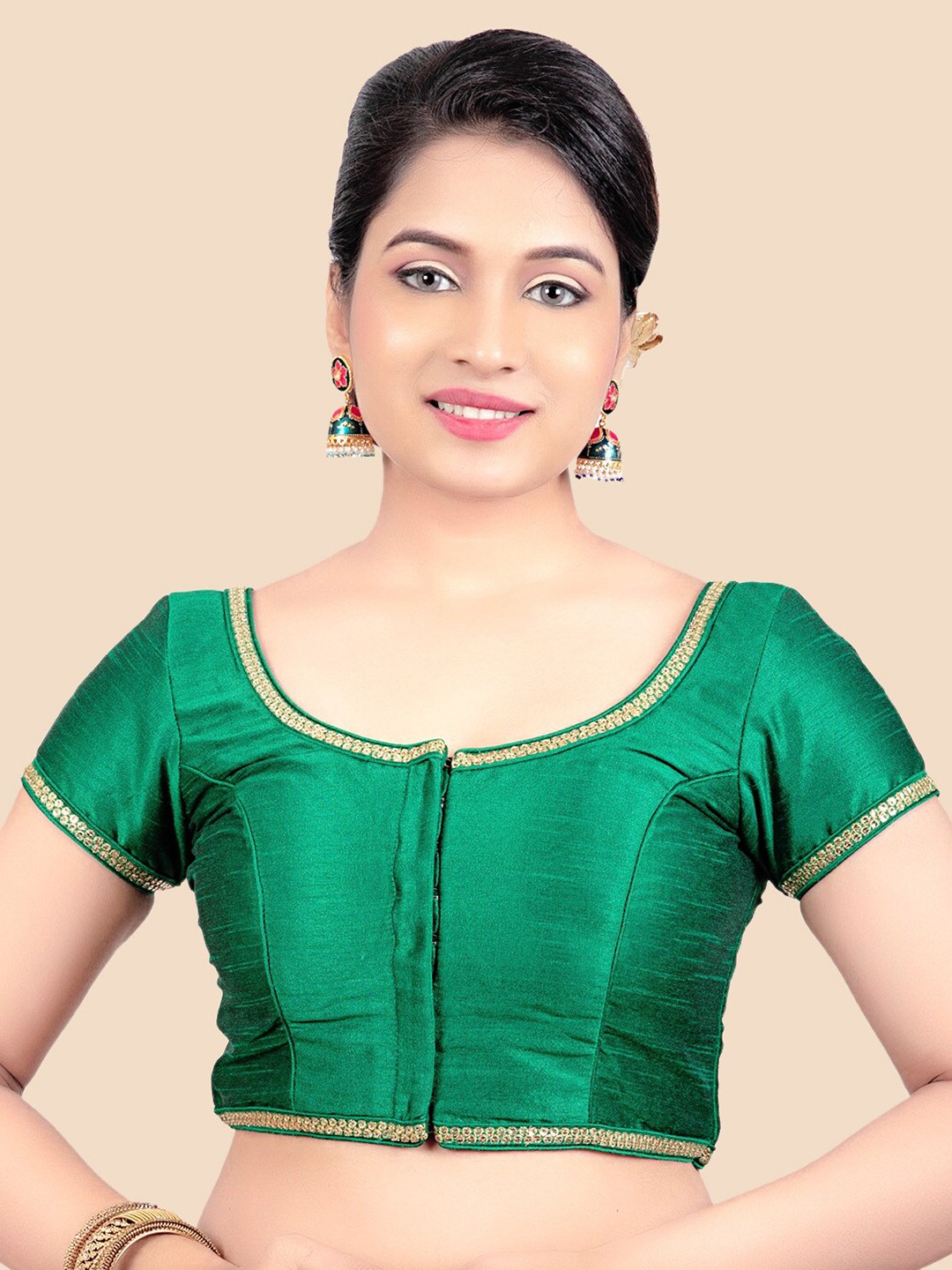 

FEMMIBELLA Women Green Solid Art-Silk Readymade Saree Blouse