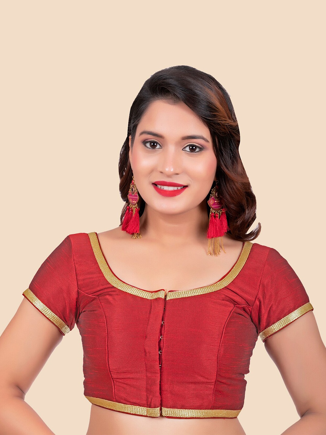 

FEMMIBELLA Women Maroon & Gold-Toned Solid Saree Blouse