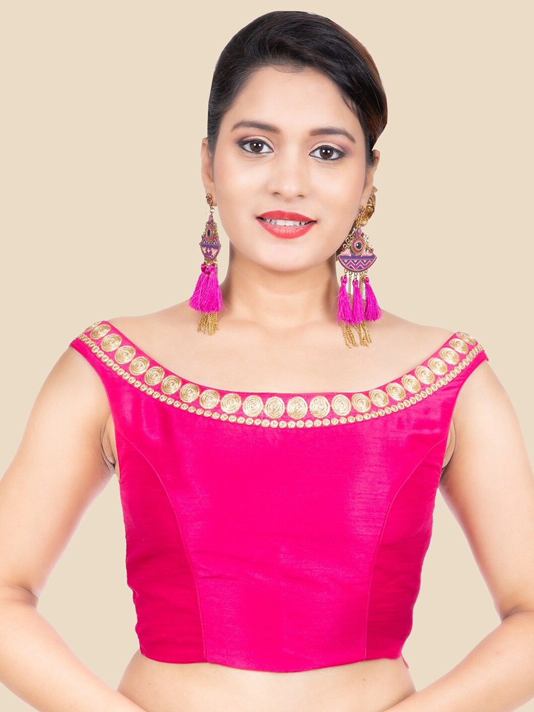 

FEMMIBELLA Pink & Golden Embroidered Dupion Silk Padded Saree Blouse