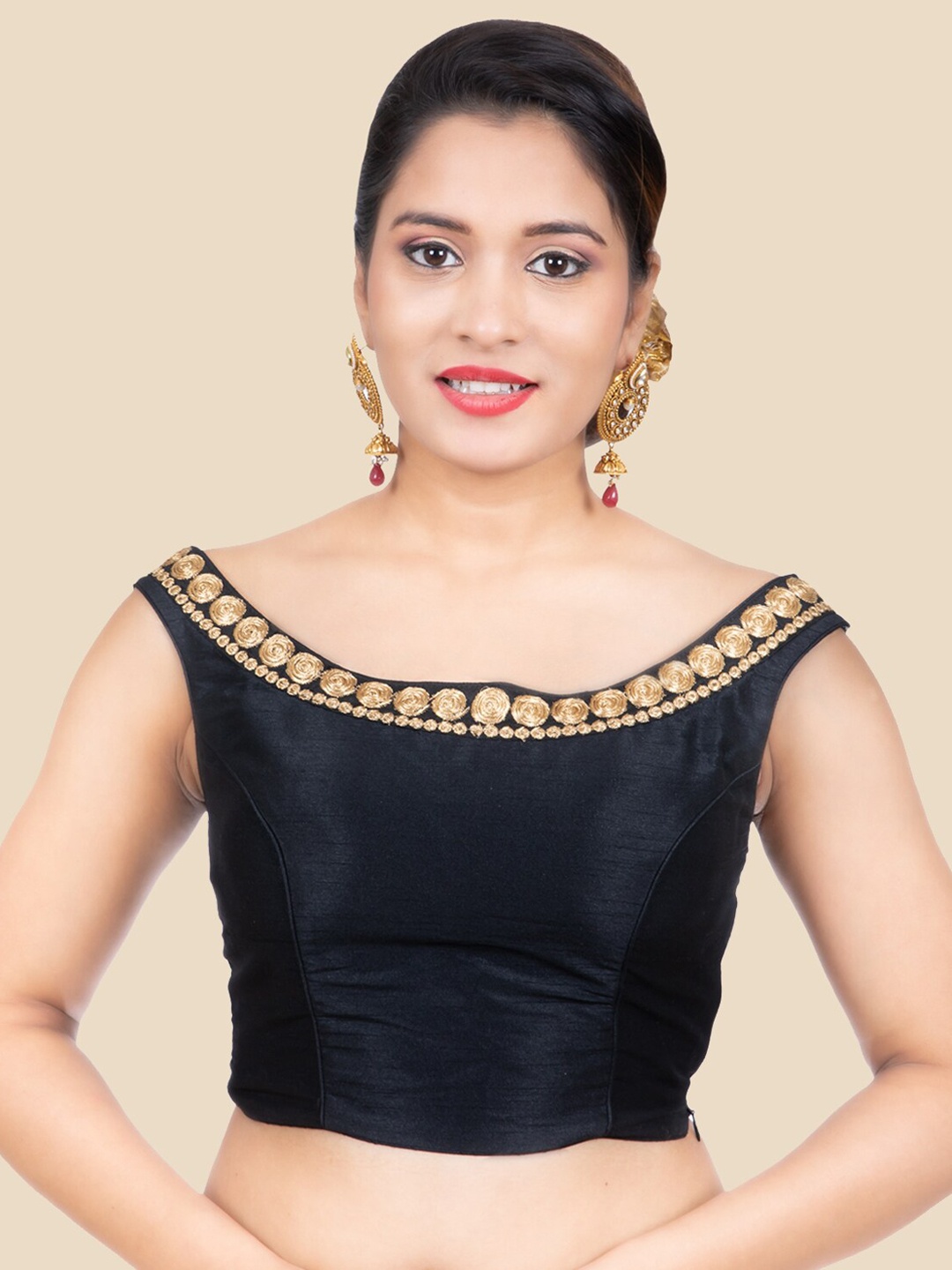 

FEMMIBELLA Black & Golden Embroidered Dupion Silk Padded Saree Blouse