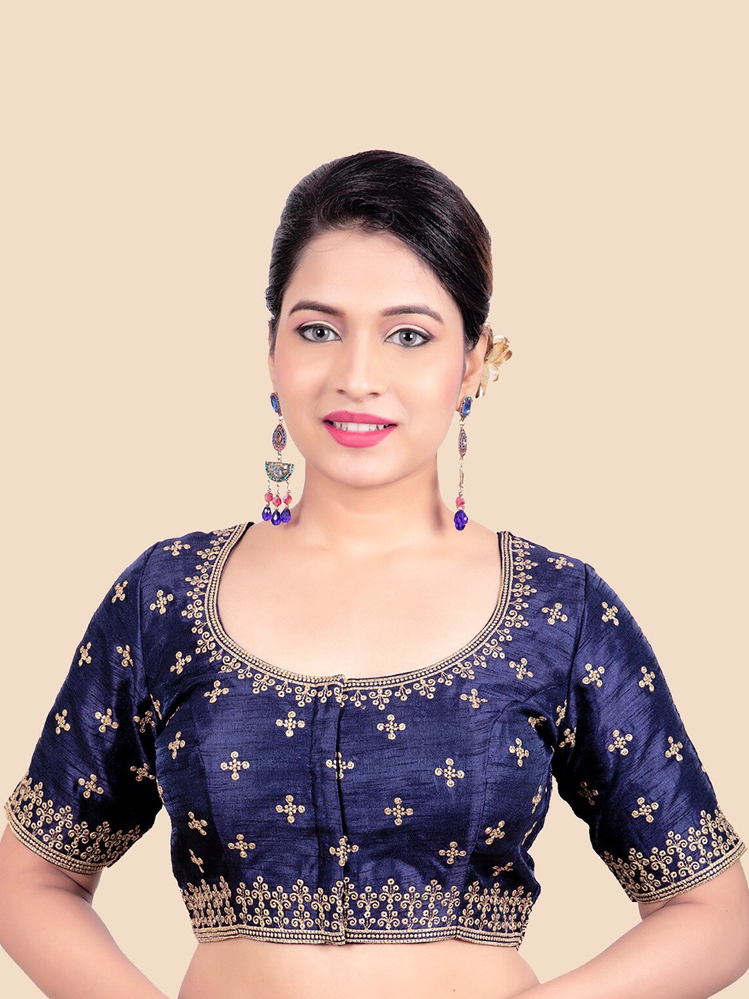 

FEMMIBELLA Navy Blue & Gold-Toned Embroidered Saree Blouse