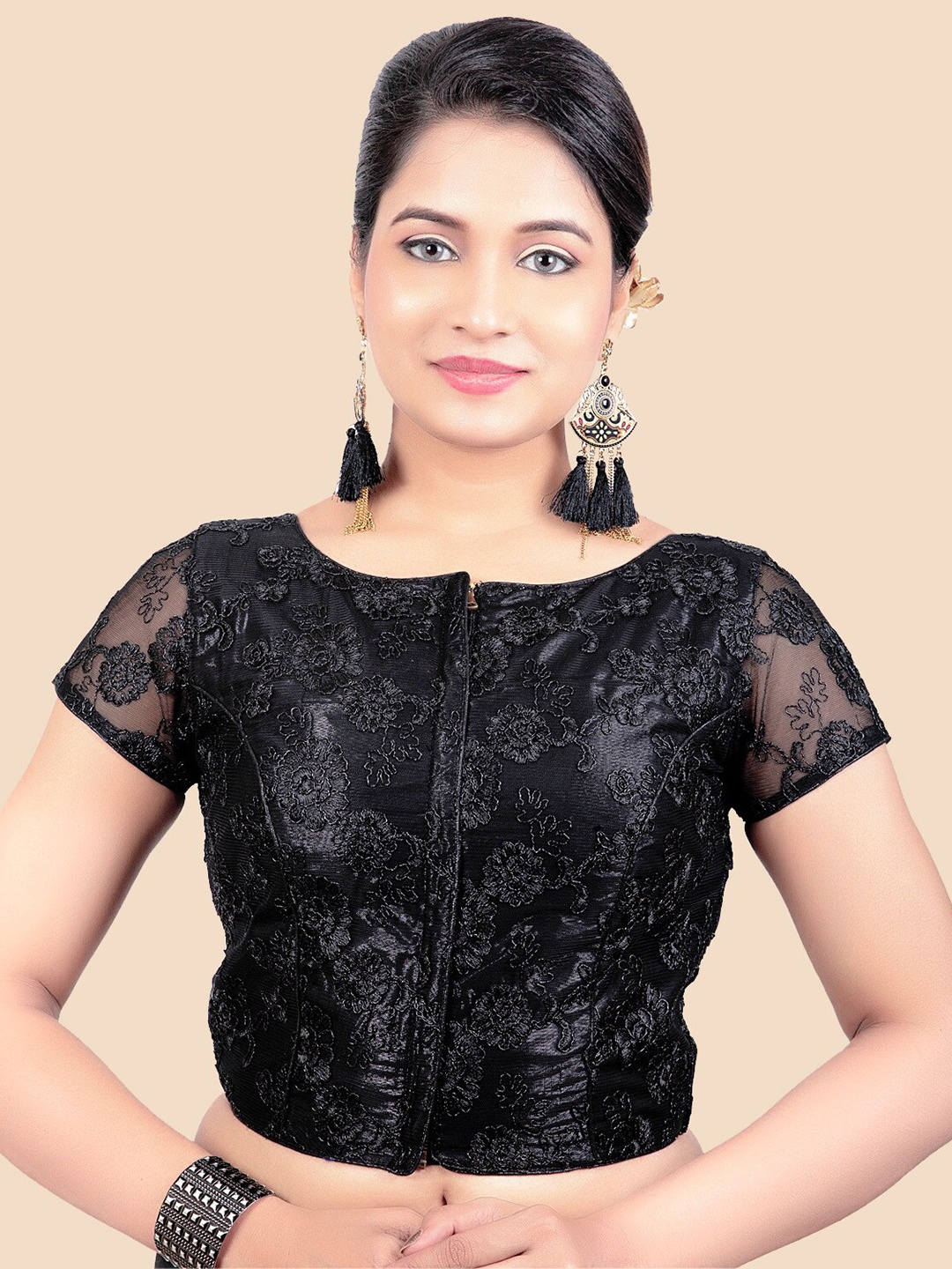 

FEMMIBELLA Women Black Self-Design Art Silk Padded Saree Blouse