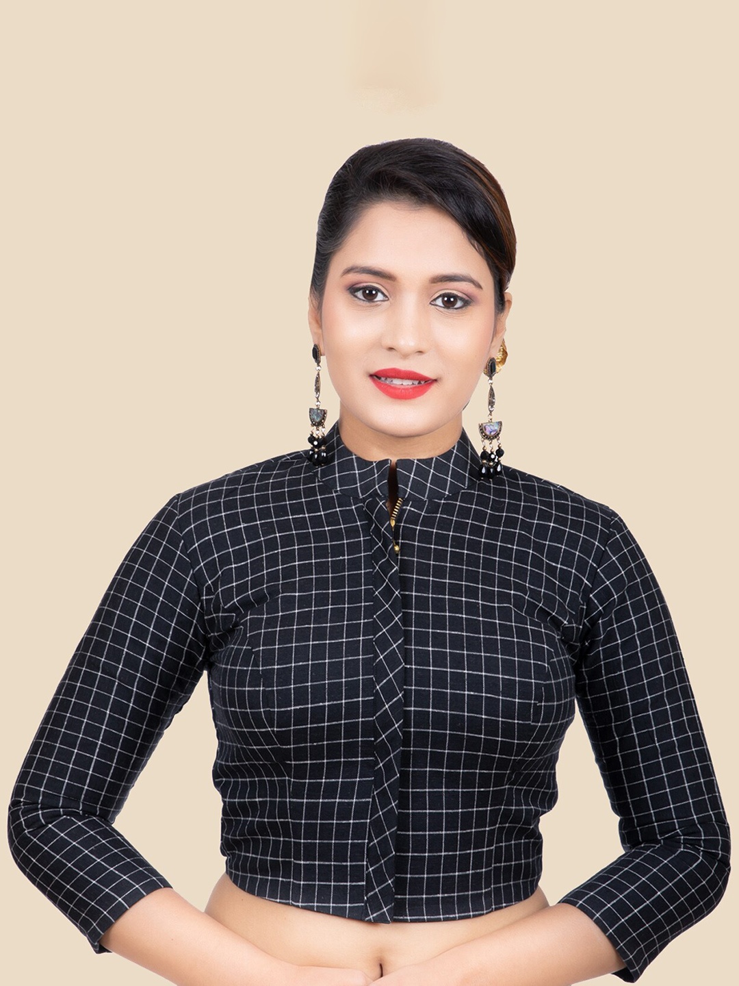 

FEMMIBELLA Women Black & White Checked Cotton Readymade Saree Blouse