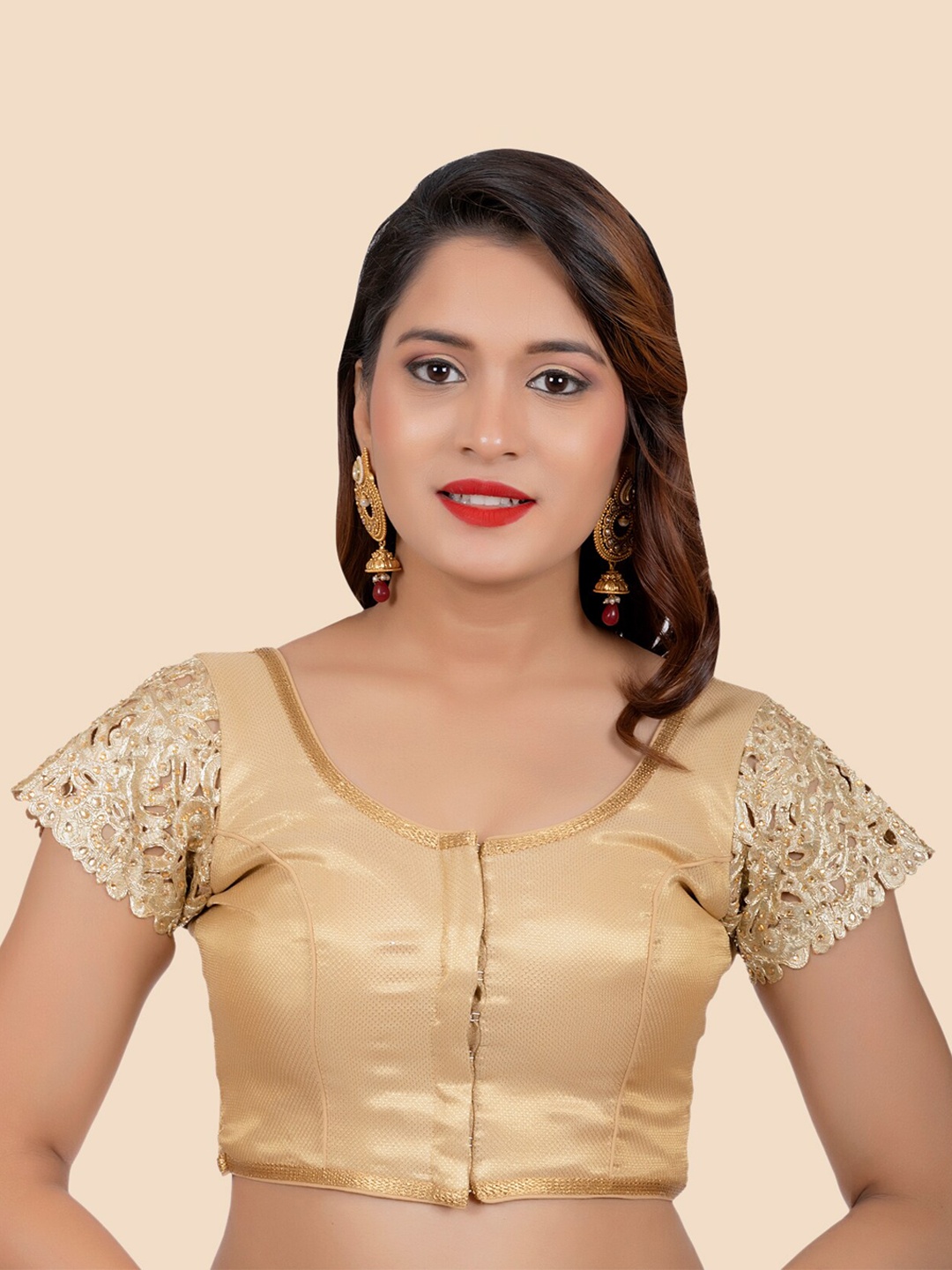 

FEMMIBELLA Women Gold-Coloured Lace Work Padded Brocade Saree Blouse