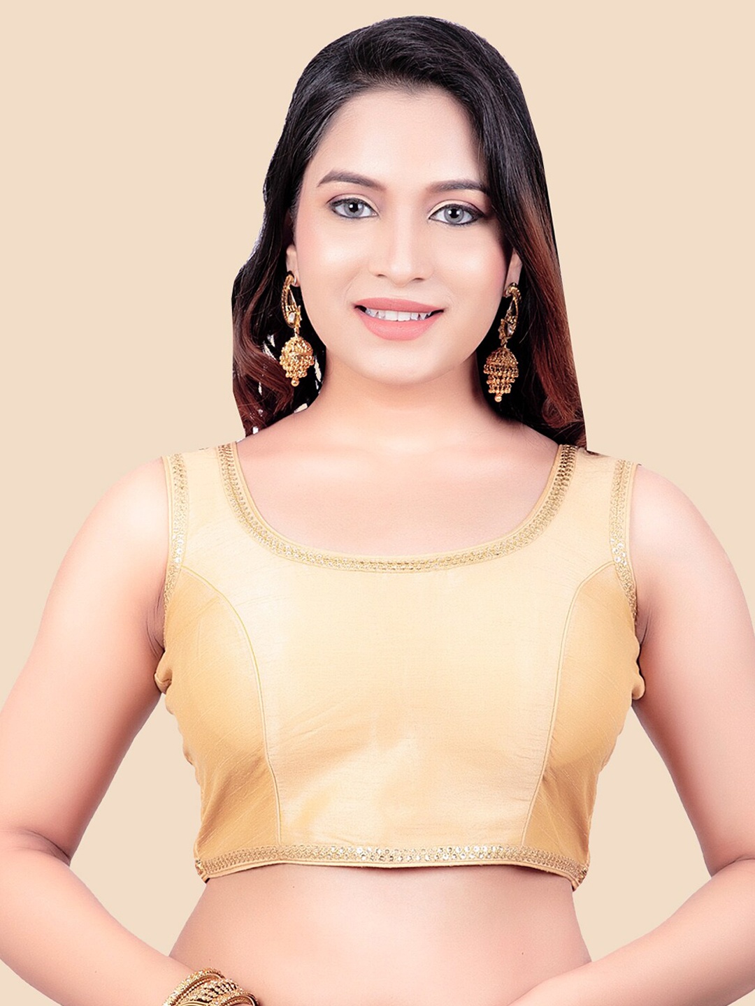 

FEMMIBELLA Women Gold Solid Stone Work Lace Padded Readymade Saree Blouse