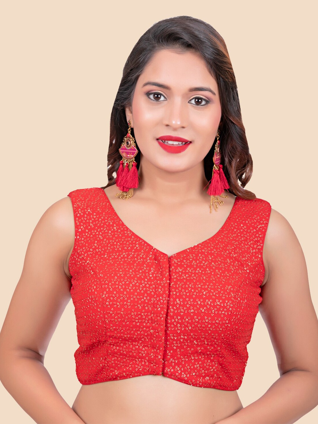 

FEMMIBELLA Women Red Sequinned Embellished Cotton Princess Cut Padded Saree Blouse