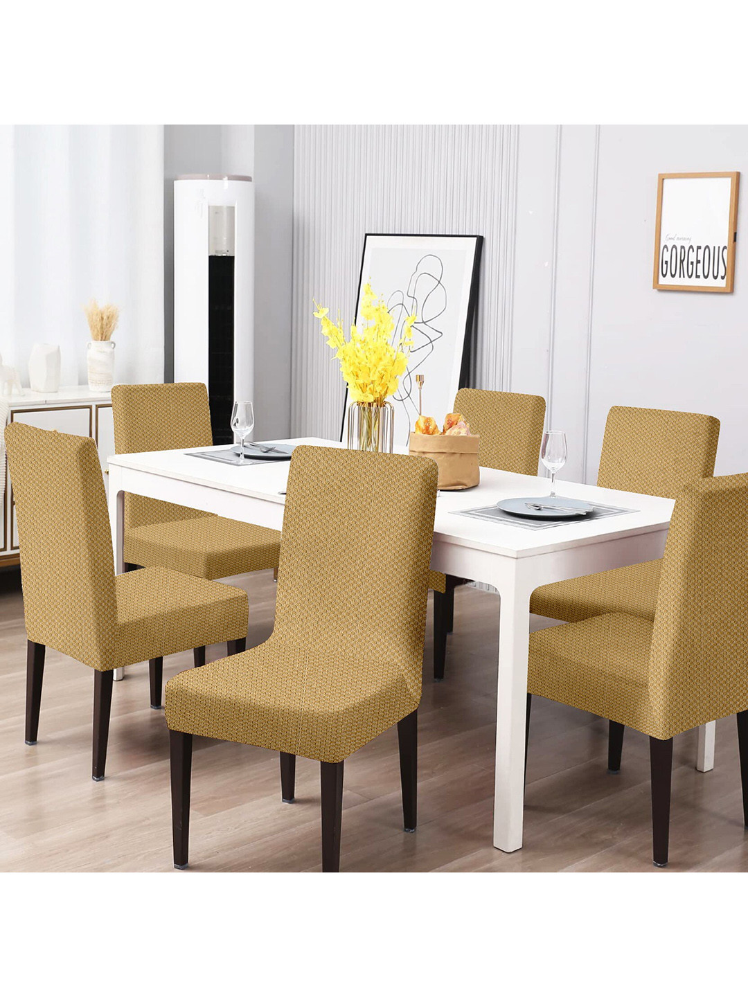 

Cortina Set of 6 Beige Jacquard Stretchable Chair Slip Covers