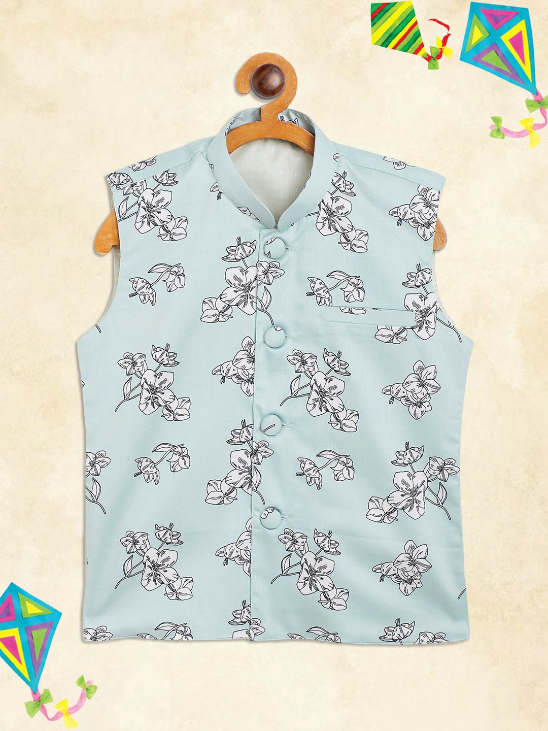 

YK Boys Green Floral Printed Slim-Fit Nehru Jackets