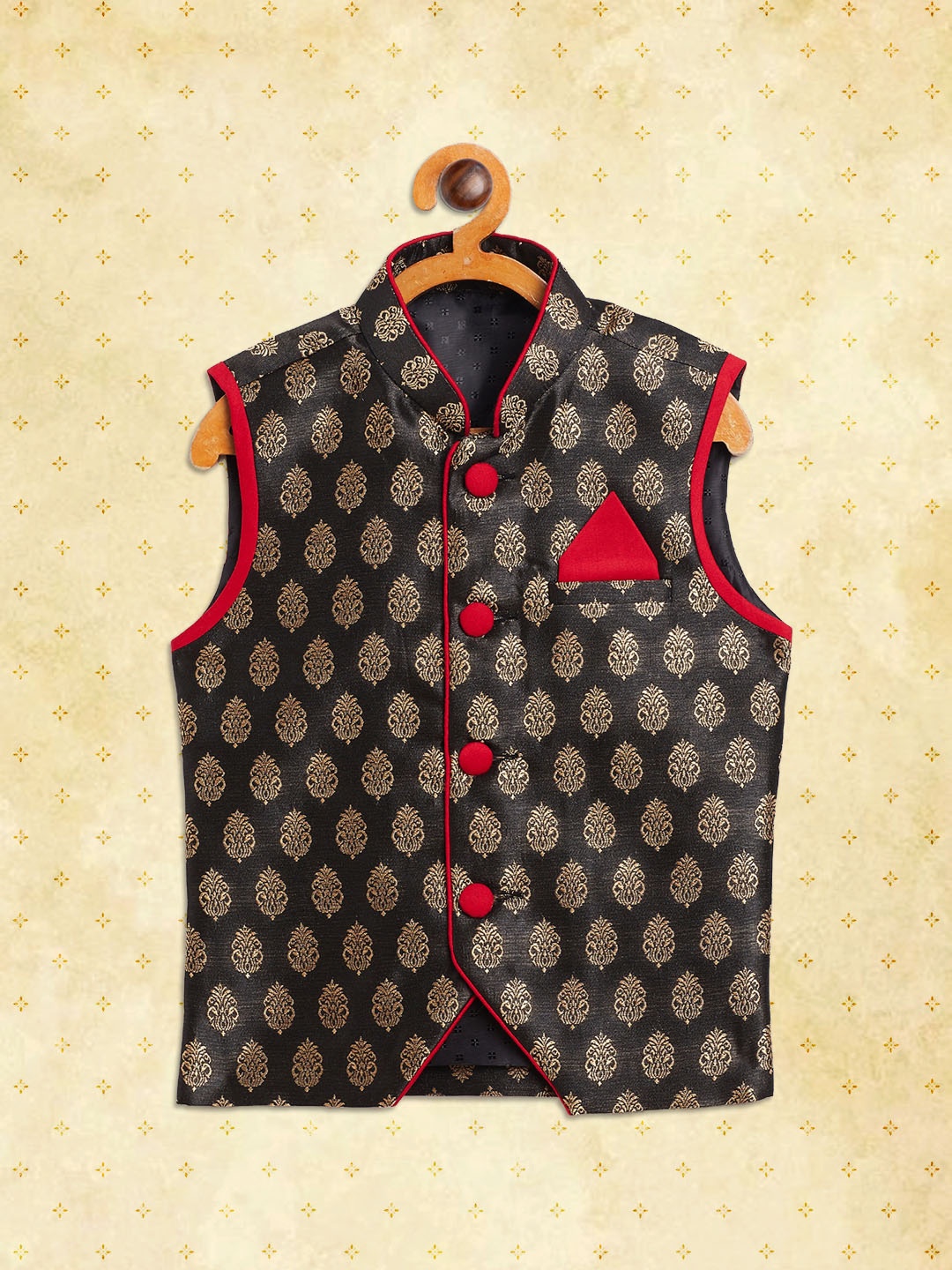 

YK Boys Black Ethnic Motifs Woven Nehru Jacket