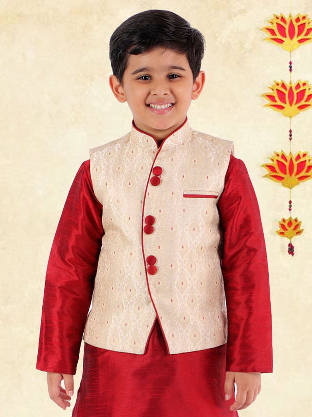 

YK Boys Beige & Red Solid Woven-Design Nehru Jackets