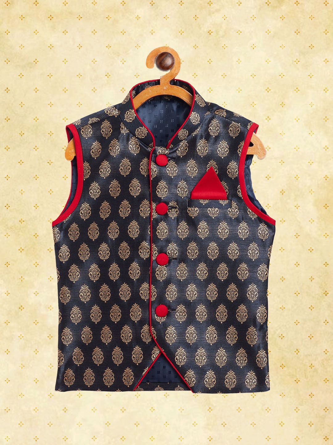 

YK Boys Navy Blue Ethnic Motifs Slim-fit Nehru Jacket