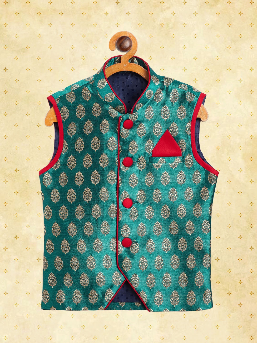 

YK Boys Blue Ethnic Self Pattern Buti Nehru Jacket with Square Pocket, Green