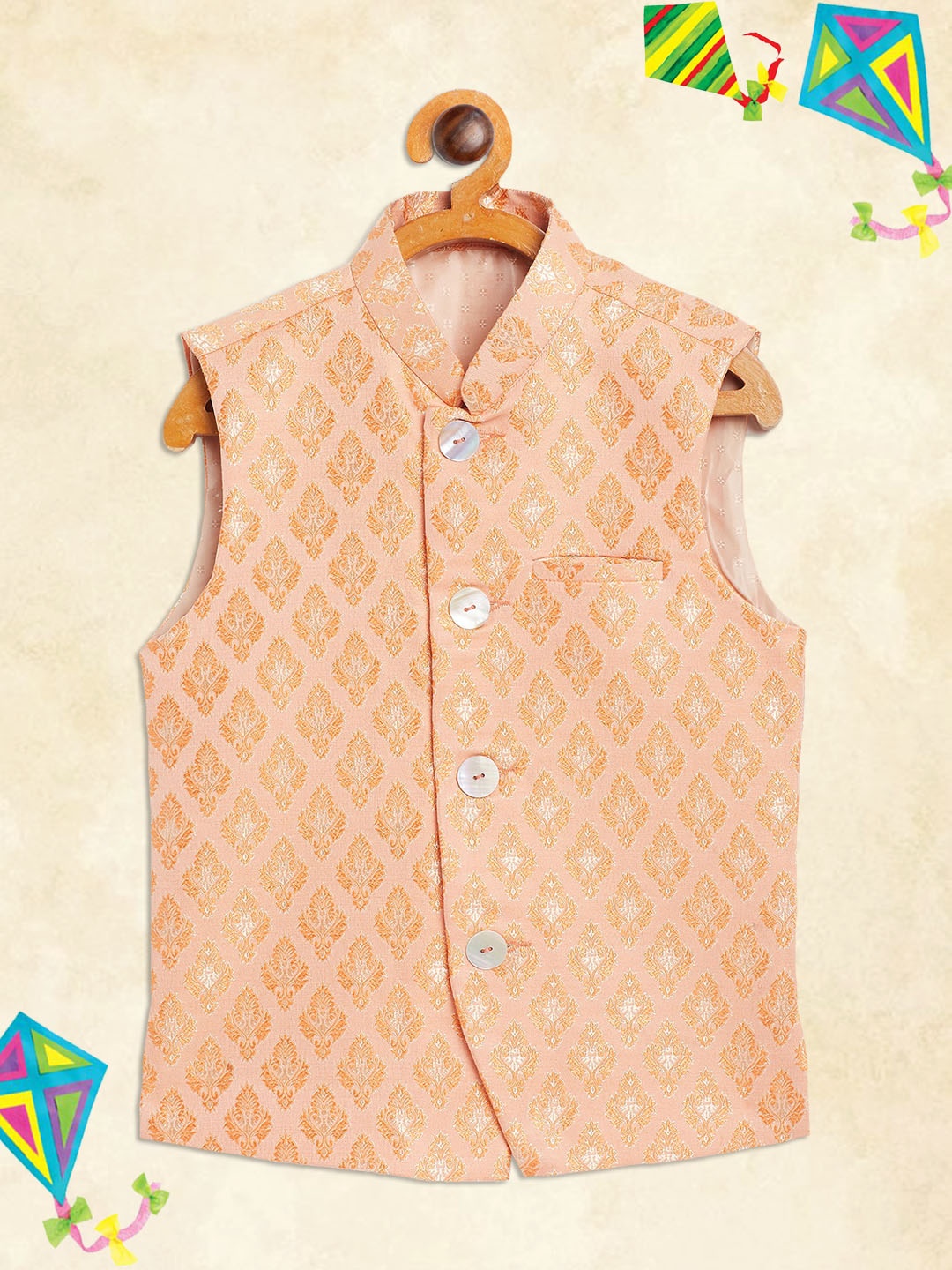 

YK Boys Peach Ethnic Self Pattern Buti Nehru Jacket