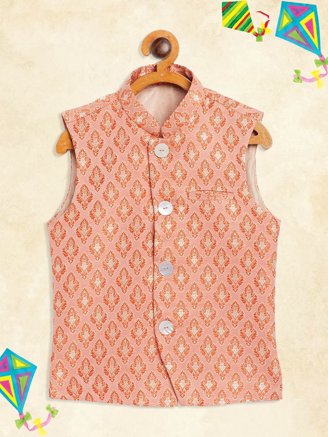 

YK Boys Orange Ethnic Motifs Jacquard Slim-fit Nehru Jacket