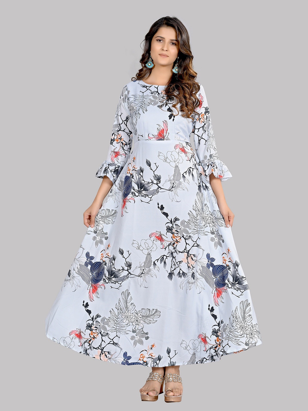 

AUCREATIONS Blue & Grey Floral Crepe Maxi Dress