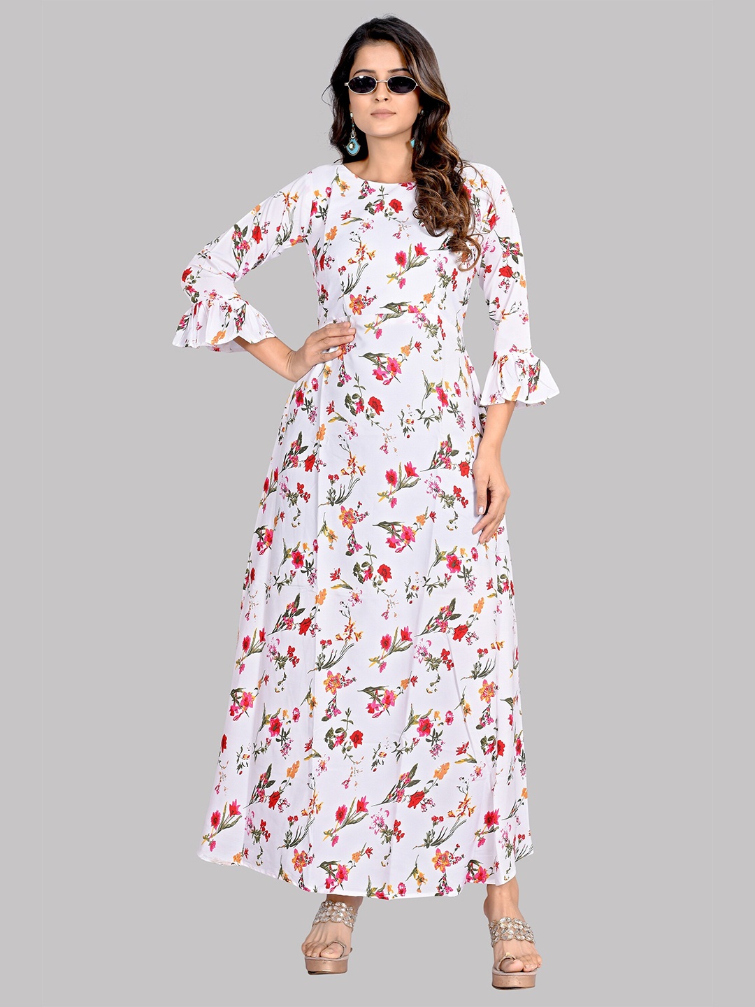 

AUCREATIONS White & Red Floral Crepe Maxi Dress