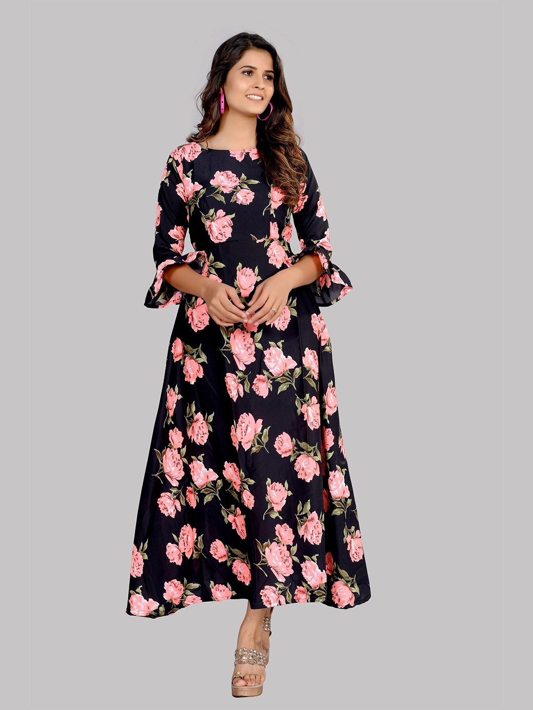 

AUCREATIONS Black & Pink Floral Crepe Maxi Dress