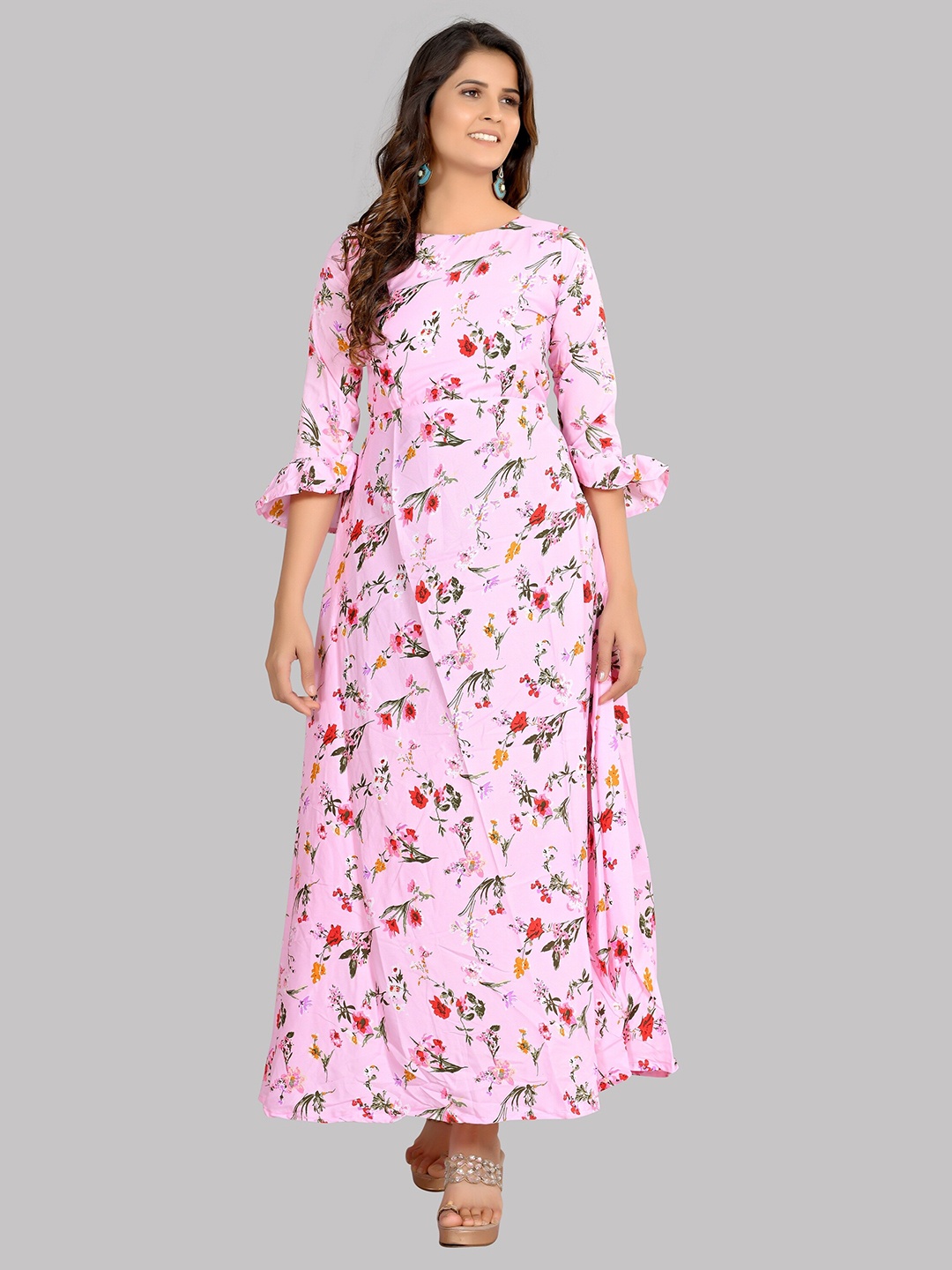 

AUCREATIONS Pink & Red Floral Crepe Belted Maxi Dress