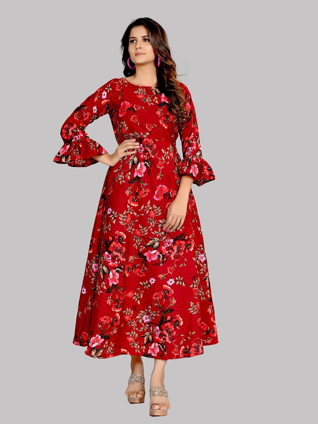 

AUCREATIONS Maroon Floral Crepe Midi Dress