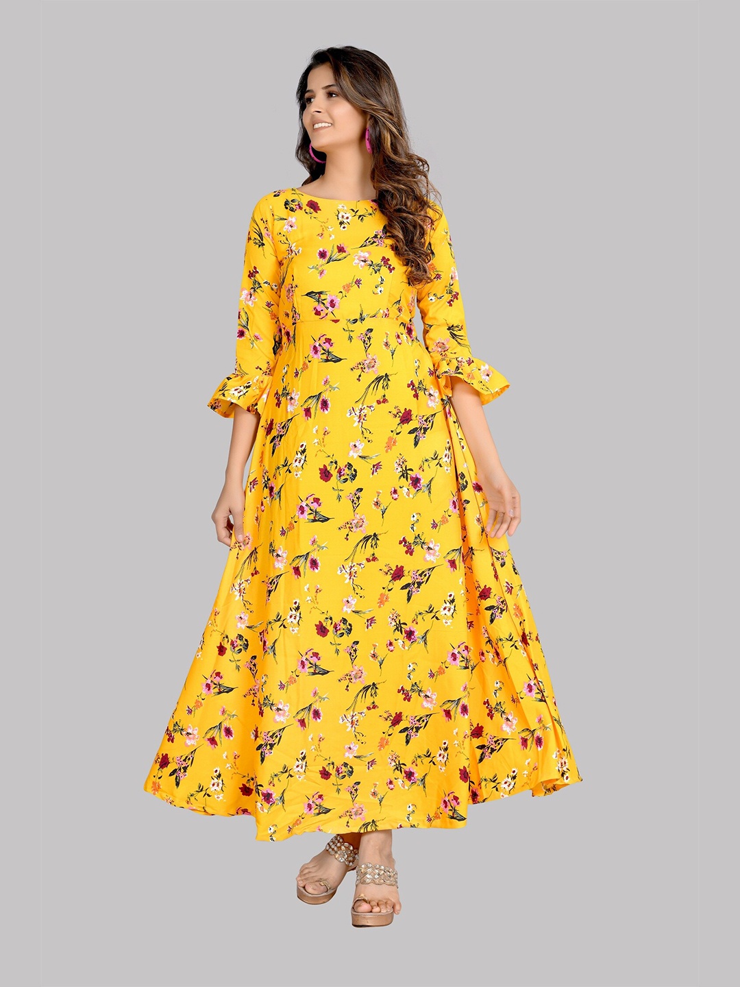 

AUCREATIONS Women Yellow Floral Crepe Partywear Anarkali Gown Maxi Dress