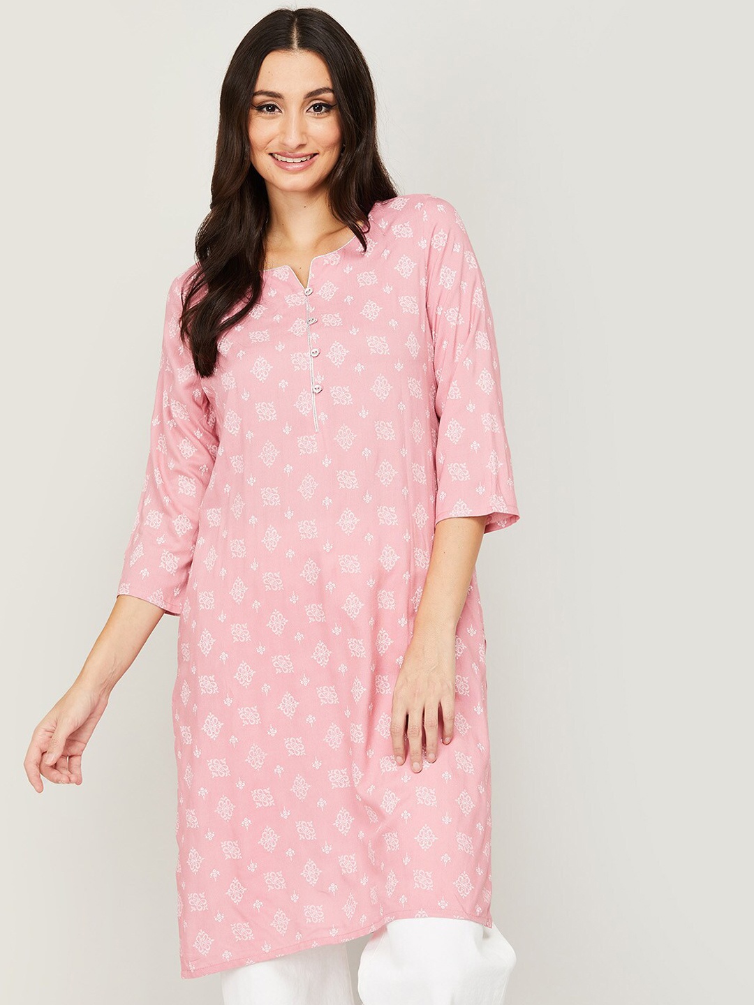 

Melange by Lifestyle Women Pink & White Printed Straight Kurta