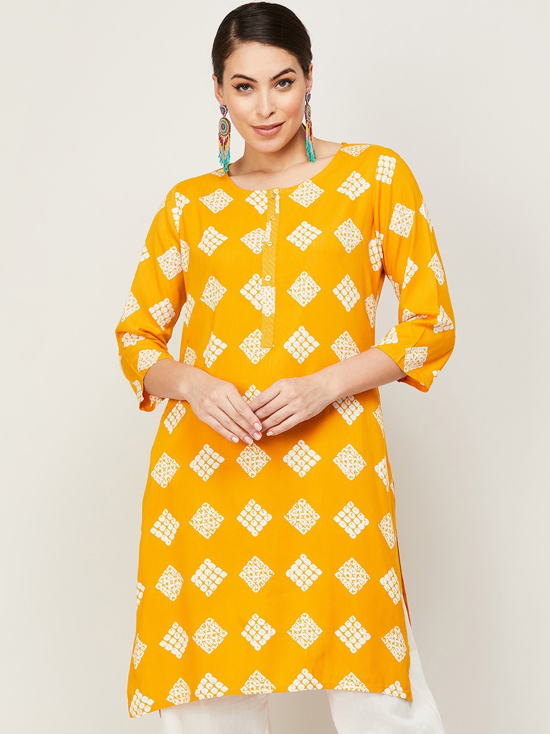 

Melange by Lifestyle Women Yellow & White Geometric Printed Kurta