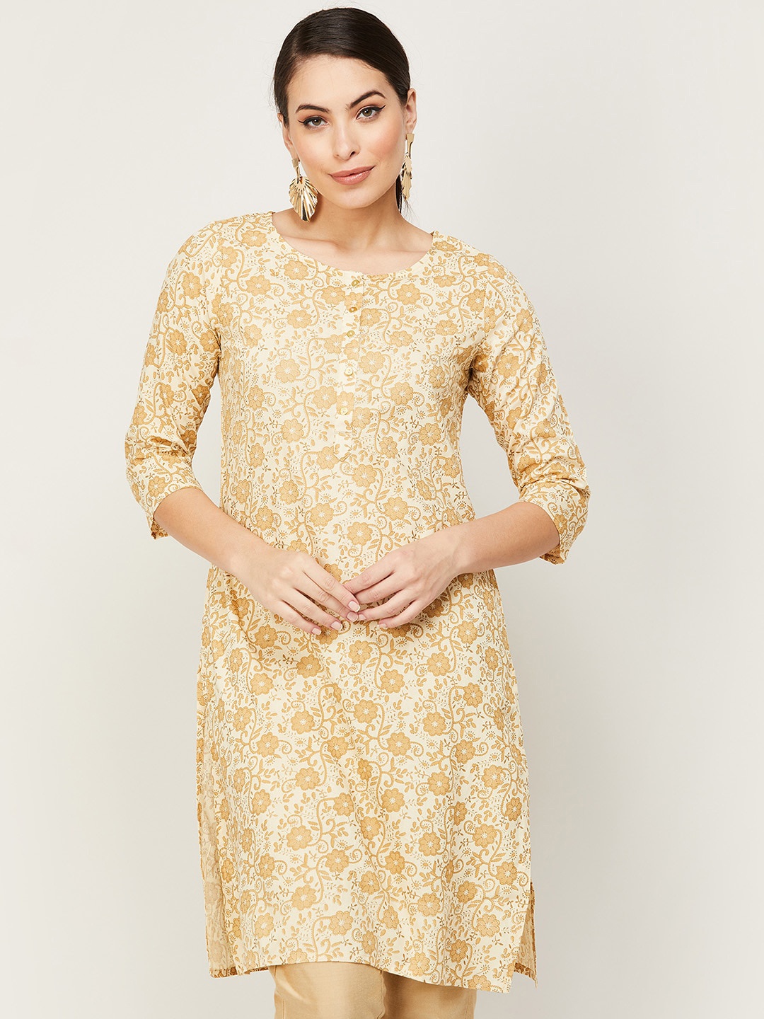 

Melange by Lifestyle Women Beige Floral Printed Mirror Work Kurta
