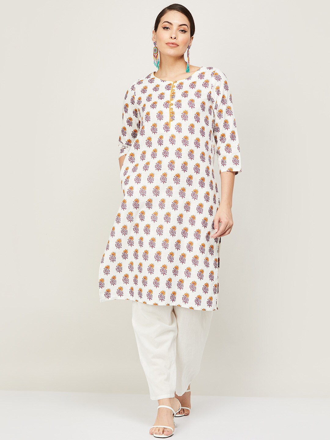 

Melange by Lifestyle Women White & Yellow Floral Printed Kurta