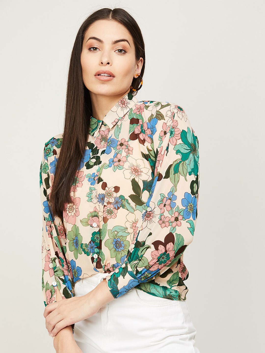 

CODE by Lifestyle Women Beige Floral Printed Shirt Style Top