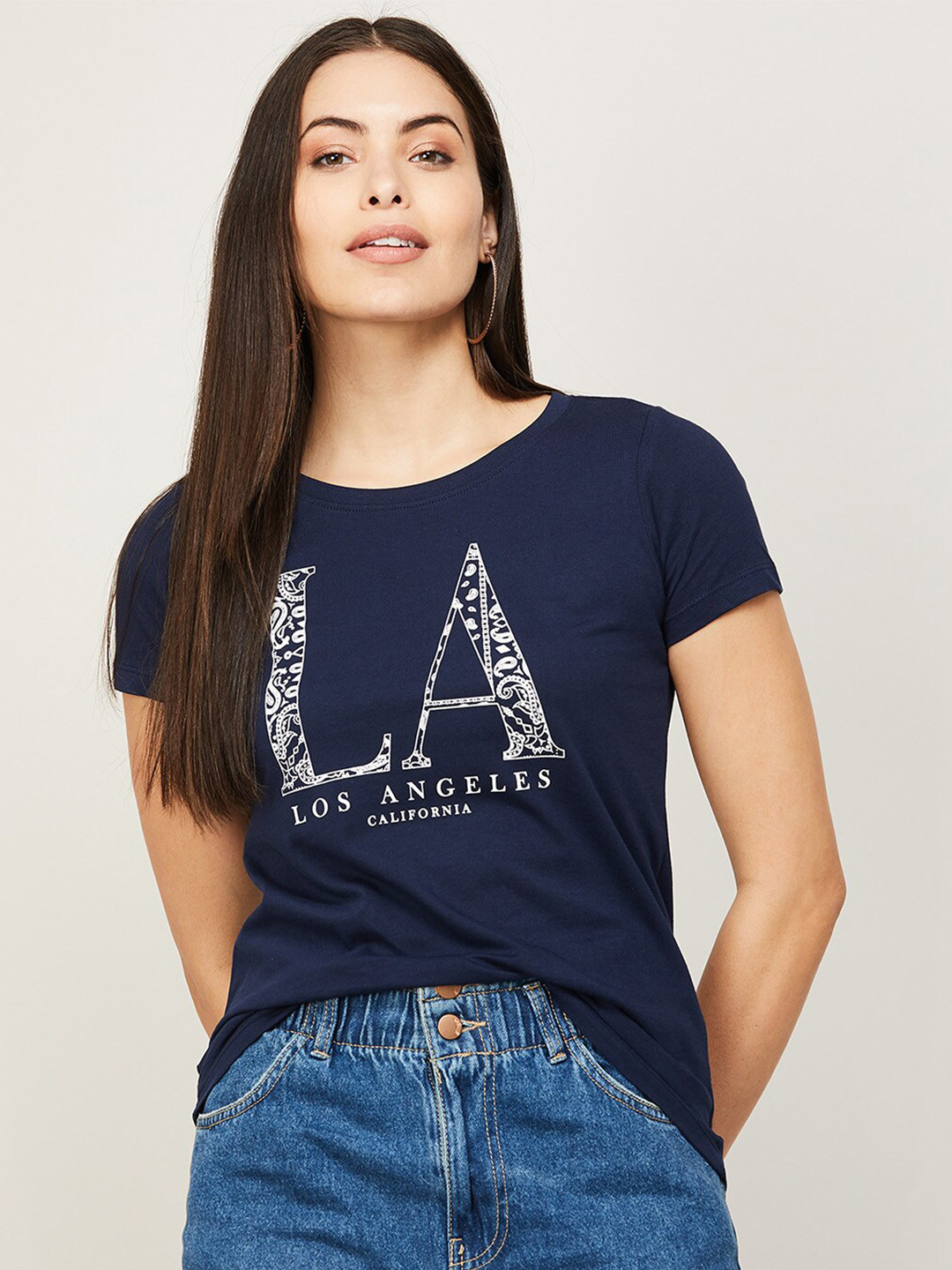 

Fame Forever by Lifestyle Navy Blue Printed Pure Cotton Top