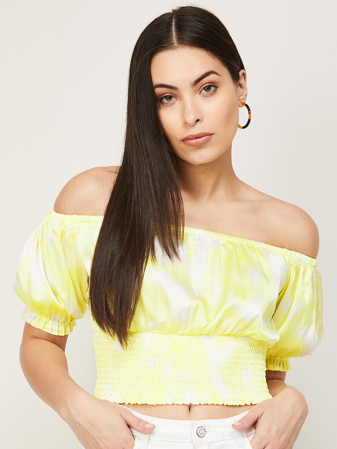 

Ginger by Lifestyle Yellow Tie and Dye Off-Shoulder Bardot Crop Top