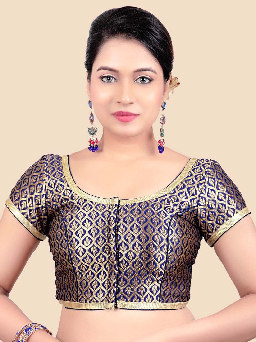 

FEMMIBELLA Women Navy Blue Brocade Princess Cut Padded Readymade Saree Blouse