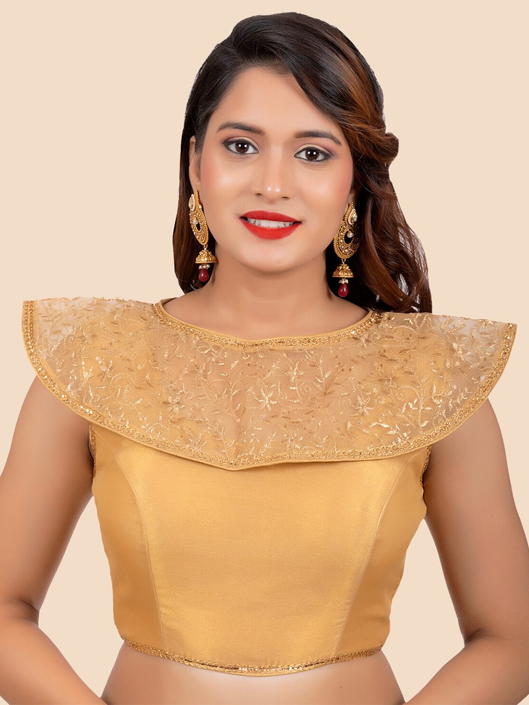 

FEMMIBELLA Golden Embroidered Padded Saree Blouse, Gold