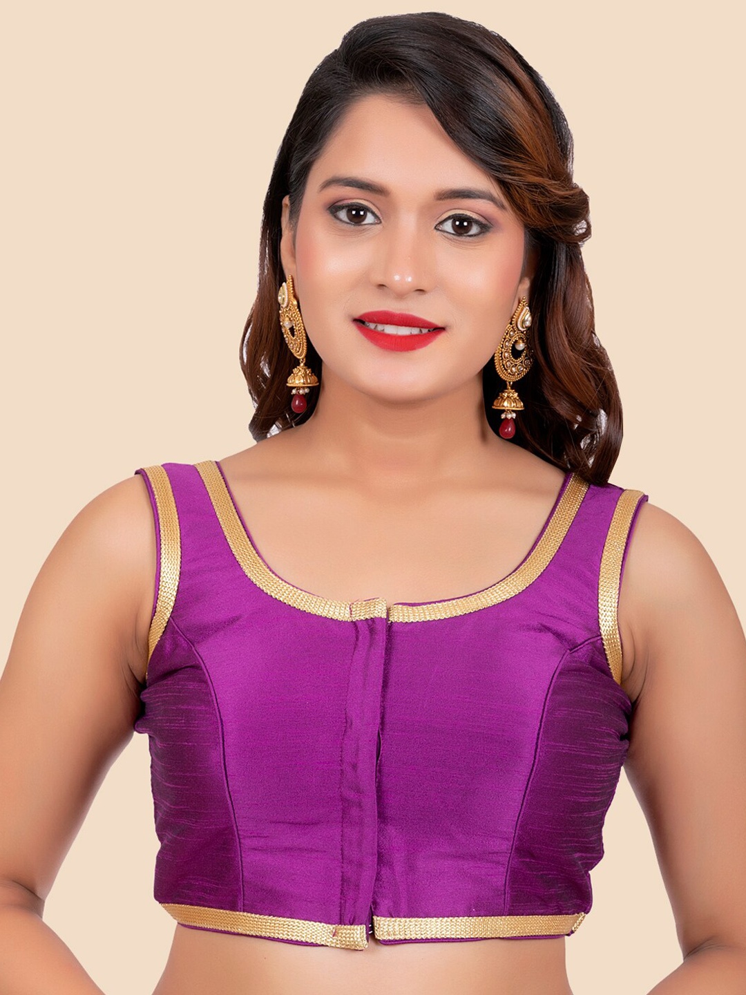 

FEMMIBELLA Women Purple Solid Padded Readymade Dupion Silk Sleeveless Saree Blouse
