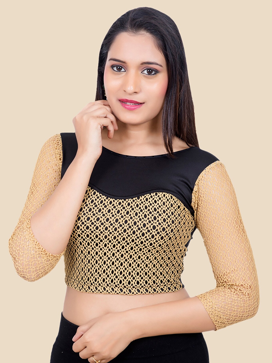 

FEMMIBELLA Women Black & Beige Self-Design Raw Silk Stretchable Princess Cut Saree Blouse