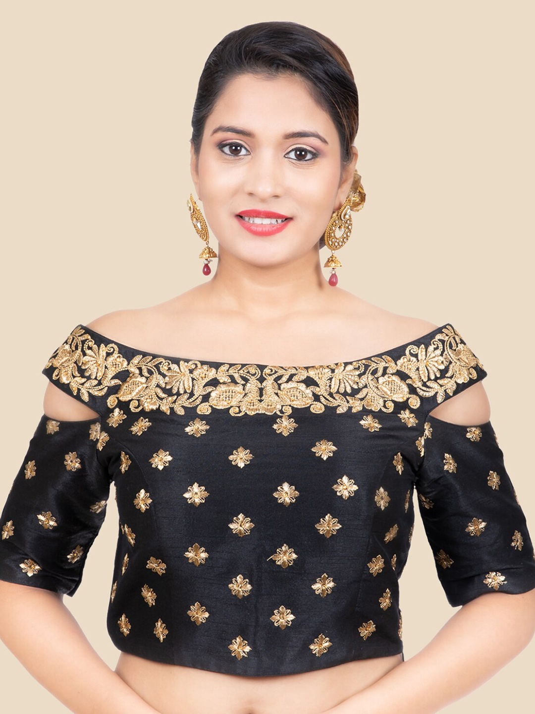 

FEMMIBELLA Women Black Embroidered Silk Saree Blouse